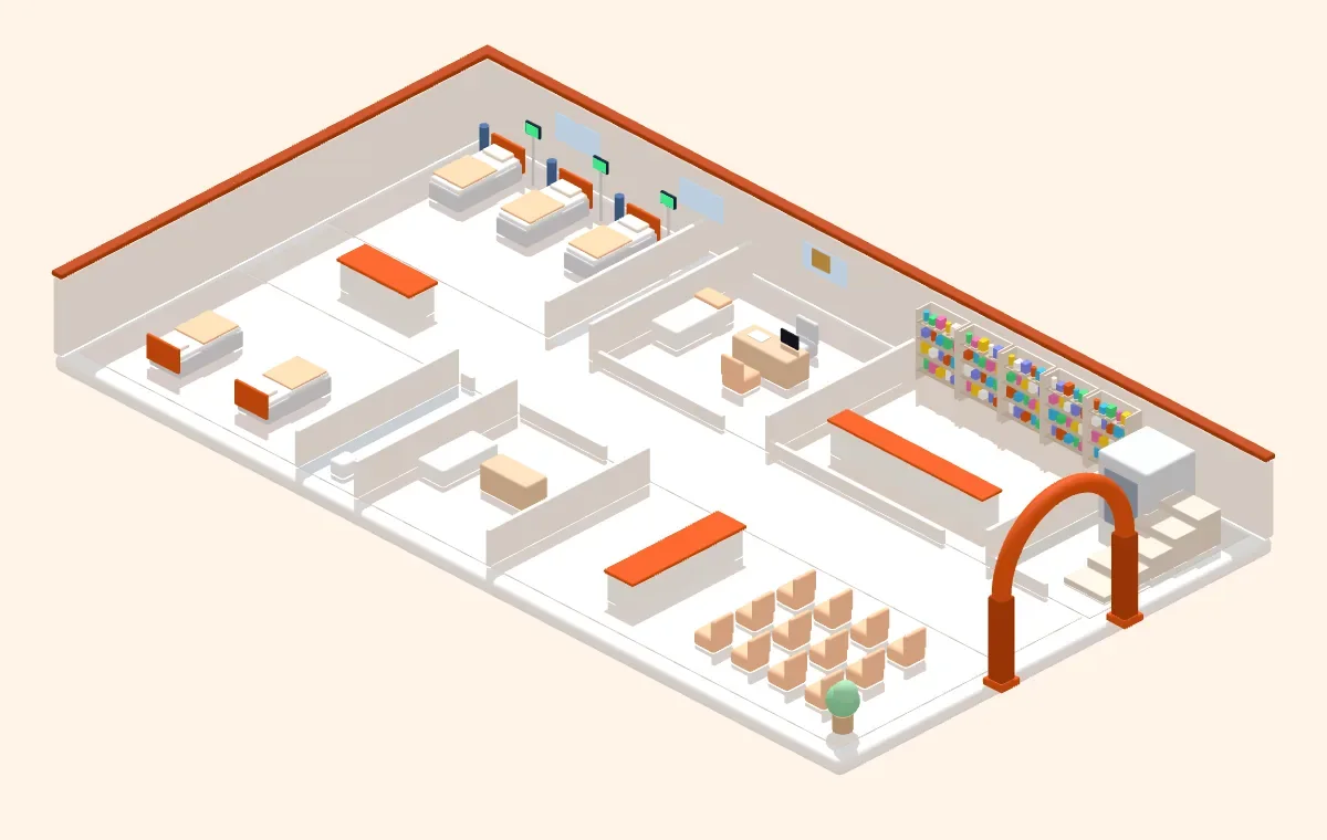 A 3D picture of the hospital's ground floor