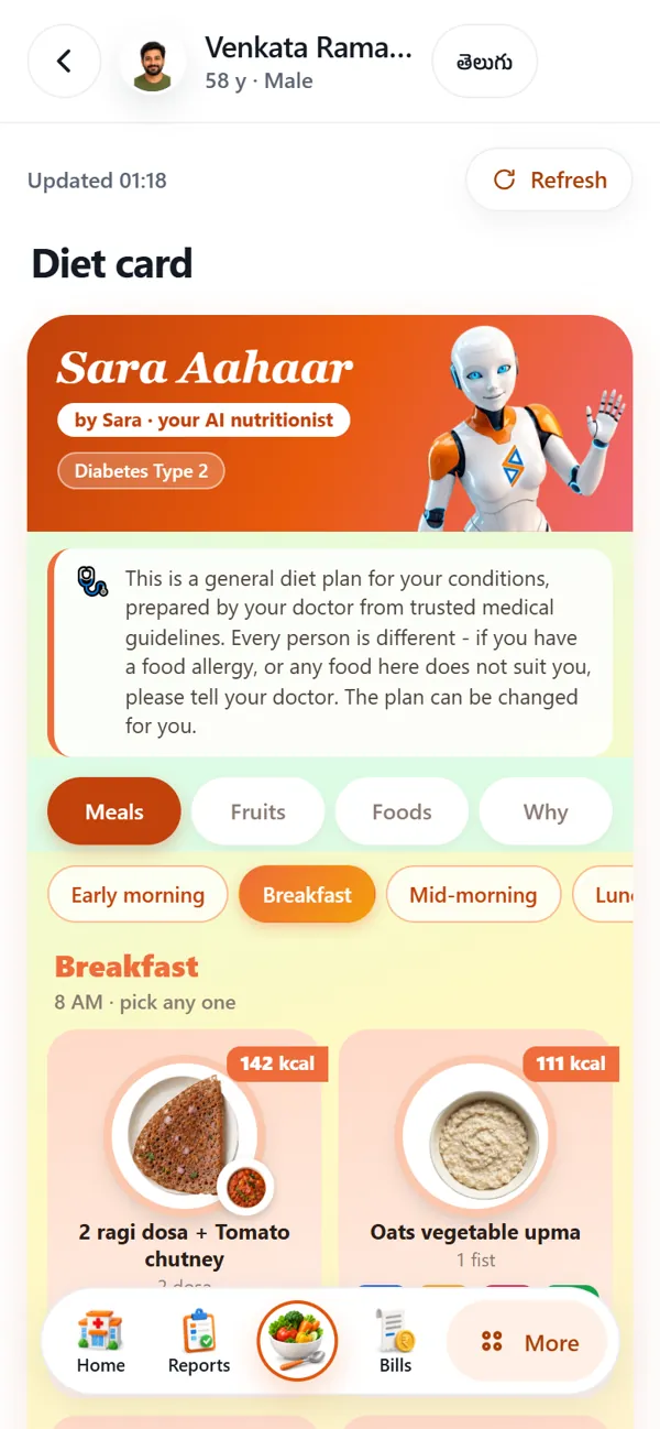 Sara Aahaar diet card with meals