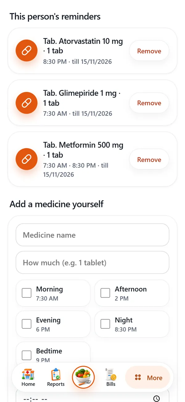 Medicine reminders in the app at chosen times