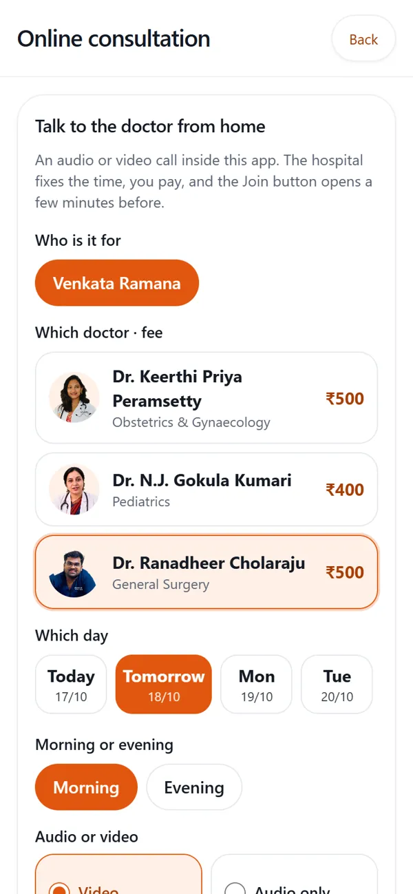 Booking an online consultation in the app