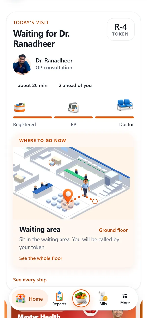 The app showing today's visit, the token and where to go on a 3D floor